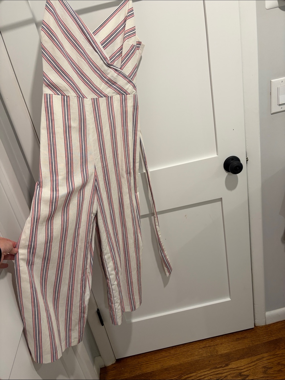 Striped Wrap Jumpsuit in Cream with Red & Blue Stripes